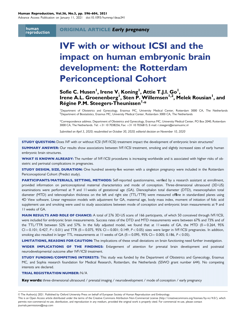 Pdf Ivf With Or Without Icsi And The Impact On Human Embryonic Brain Development The Rotterdam Periconceptional Cohort