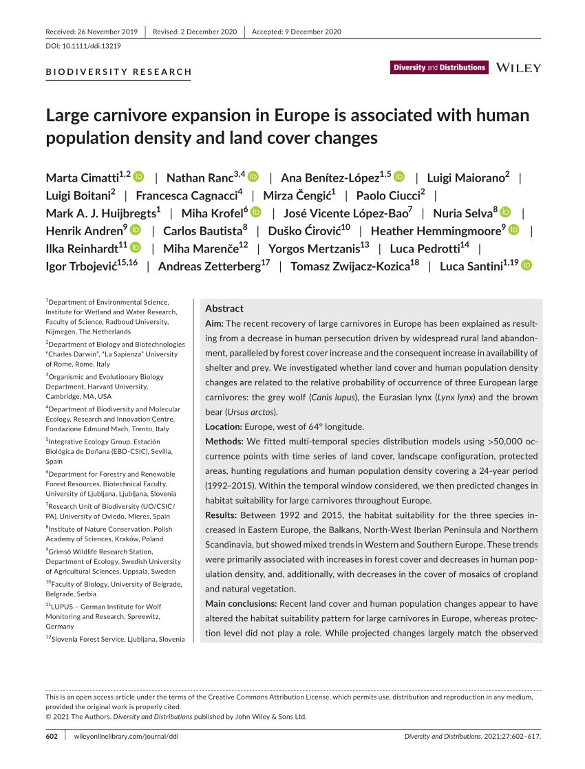 PDF) Large carnivore expansion in Europe is associated with human  population density and land cover changes