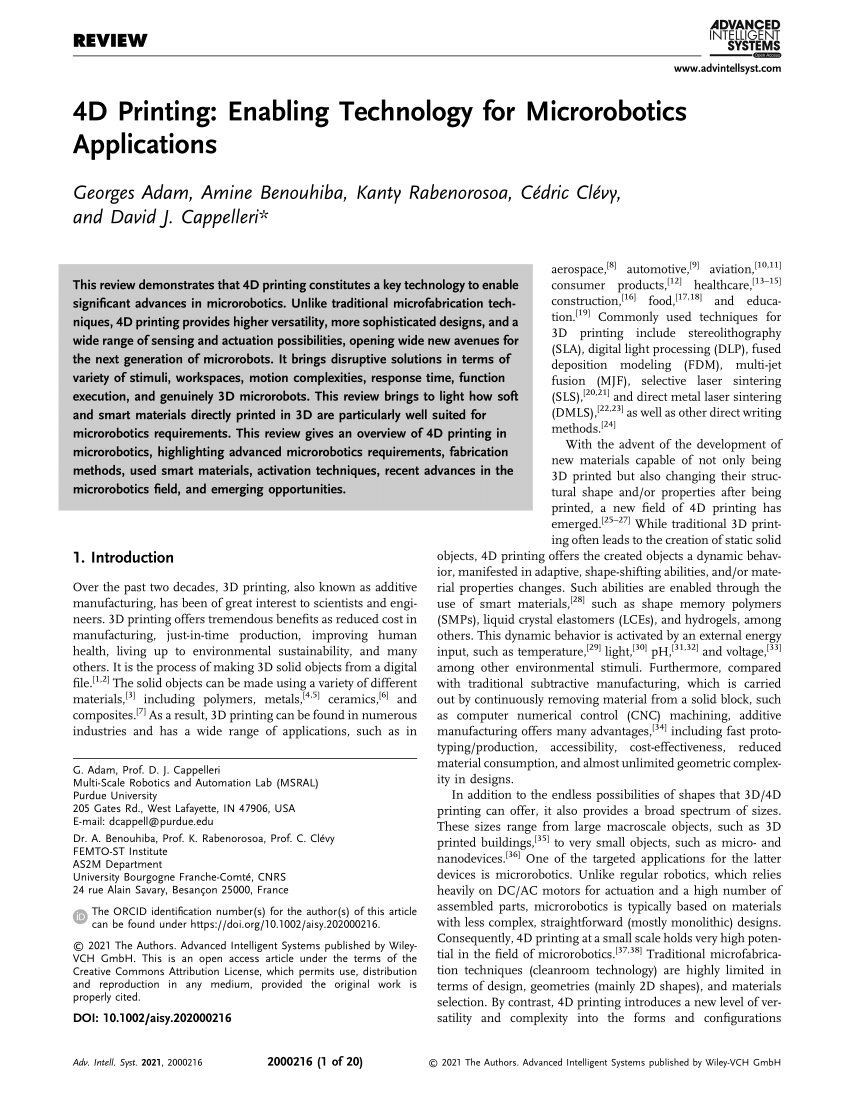 PDF) 4D Printing: Enabling Technology for Microrobotics Applications