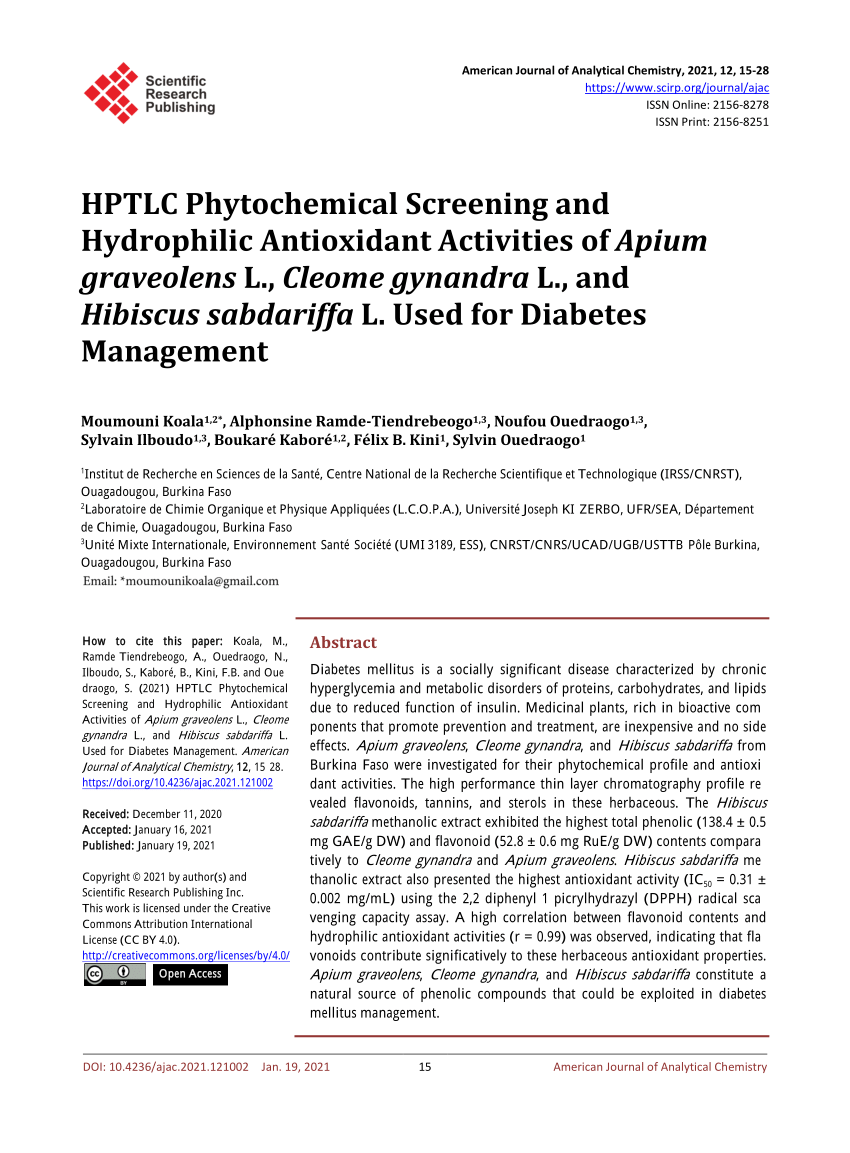 Pdf Hptlc Phytochemical Screening And Hydrophilic Antioxidant Activities Of Apium Graveolens L Cleome Gynandra L And Hibiscus Sabdariffa L Used For Diabetes Management