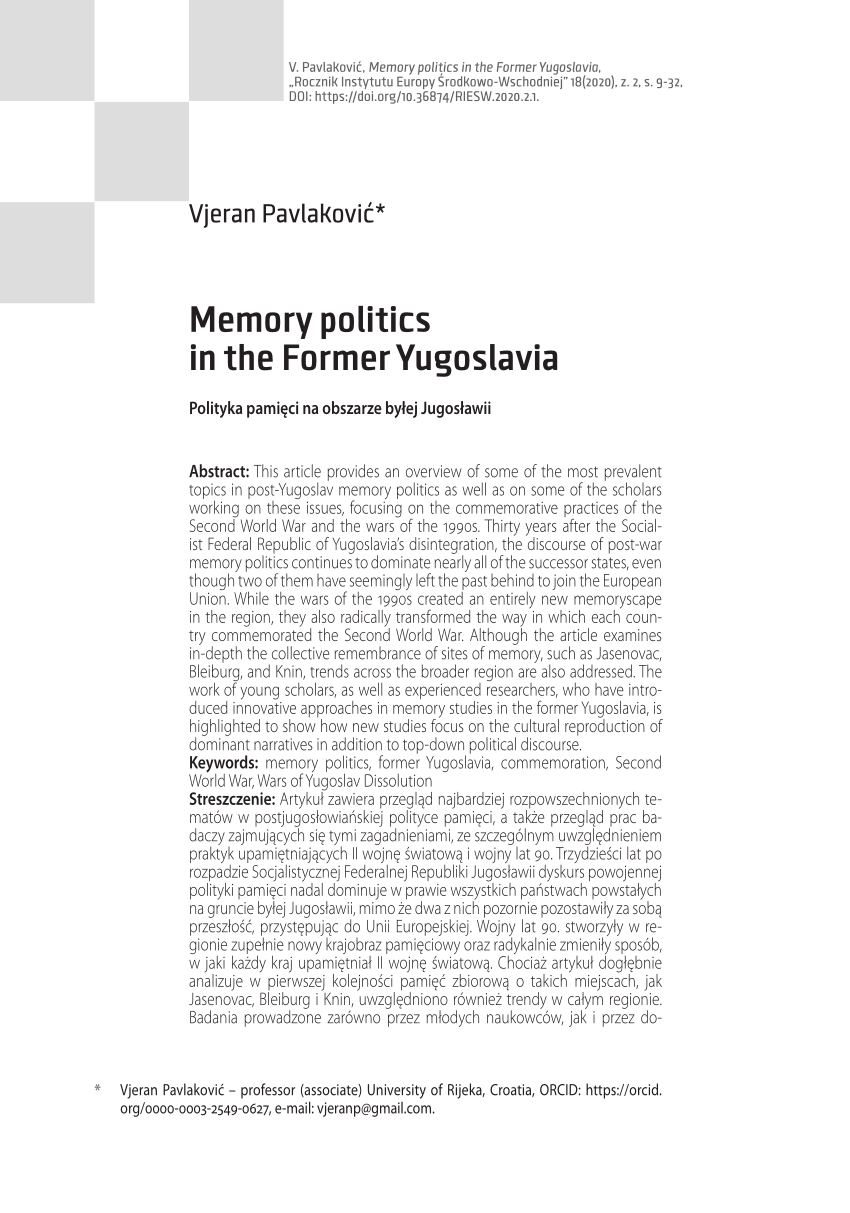 Pdf Memory Politics In The Former Yugoslavia