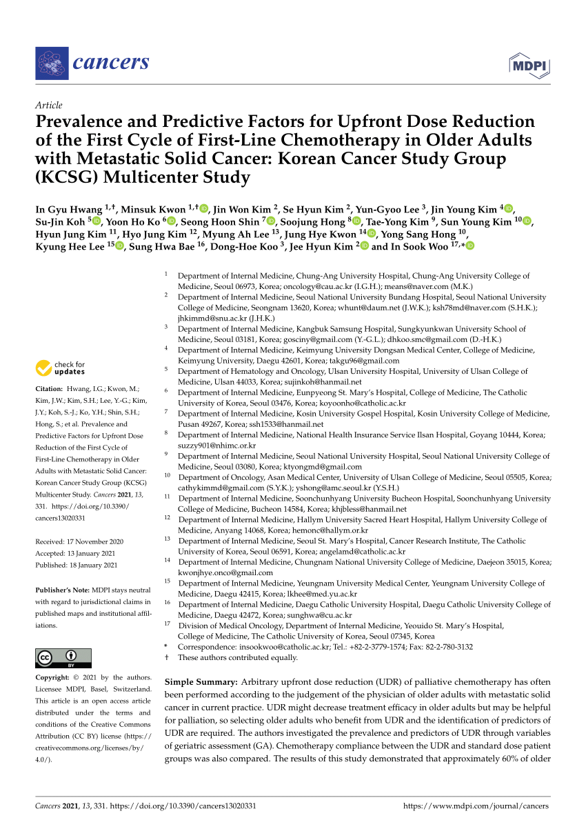 Pdf Prevalence And Predictive Factors For Upfront Dose Reduction Of The First Cycle Of First Line Chemotherapy In Older Adults With Metastatic Solid Cancer Korean Cancer Study Group Kcsg Multicenter Study