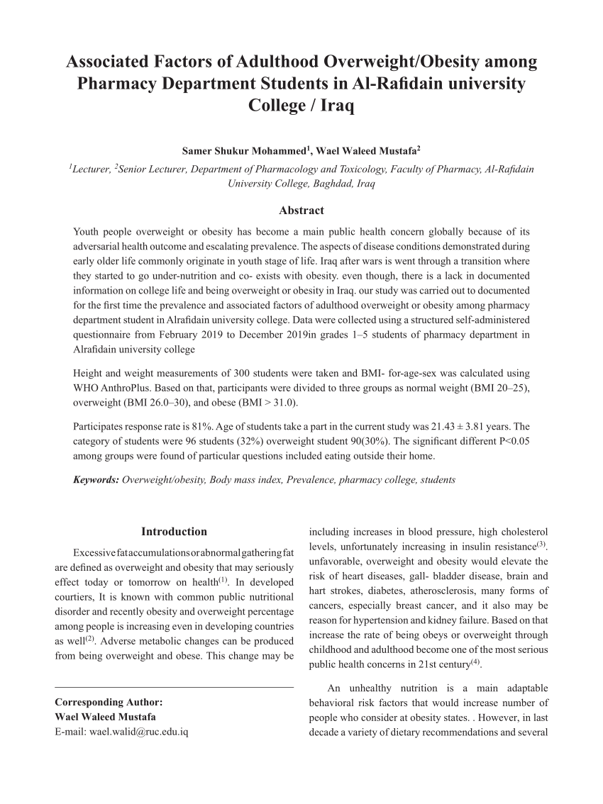 Pdf Associated Factors Of Adulthood Overweight Obesity Among Pharmacy Department Students In Al Rafidain University College Iraq