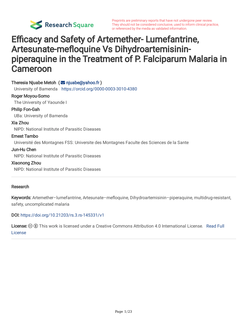 Pdf Efficacy And Safety Of Artemether Lumefantrine Artesunate Mefloquine Vs Dihydroartemisinin Piperaquine In The Treatment Of P Falciparum Malaria In Cameroon
