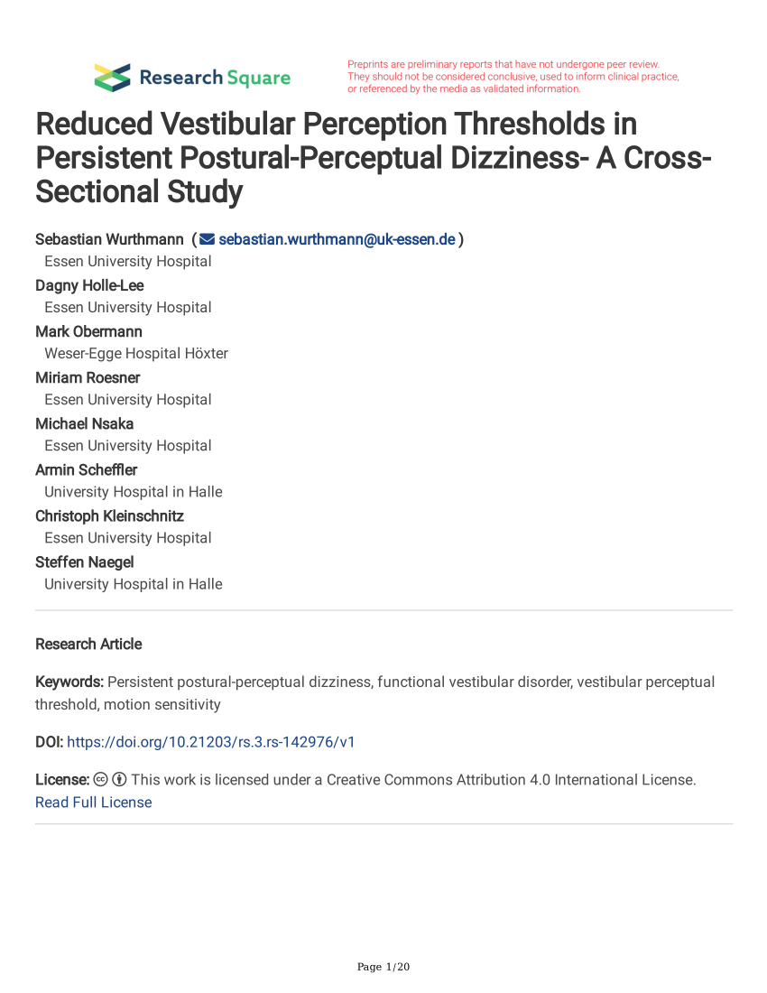 PDF) Reduced Vestibular Perception Thresholds in Persistent ...