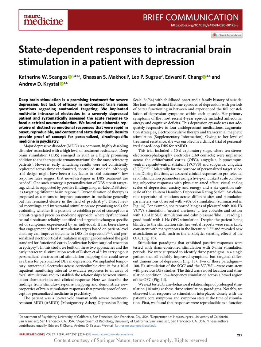 State-dependent responses to intracranial brain stimulation in a ...