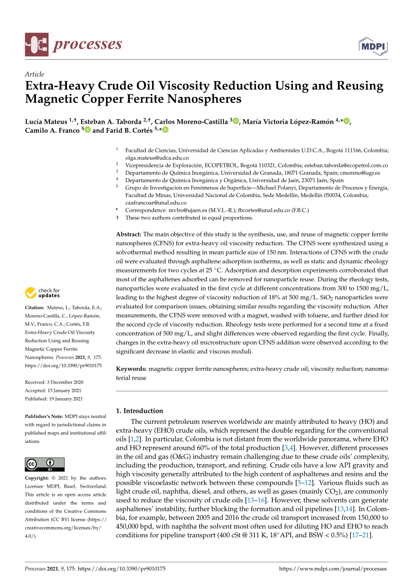 Pdf Extra Heavy Crude Oil Viscosity Reduction Using And Reusing Magnetic Copper Ferrite Nanospheres