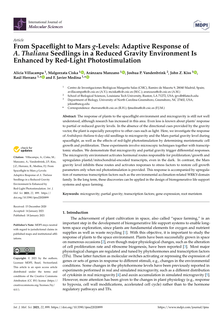 Pdf From Spaceflight To Mars G Levels Adaptive Response Of A Thaliana Seedlings In A Reduced Gravity Environment Is Enhanced By Red Light Photostimulation