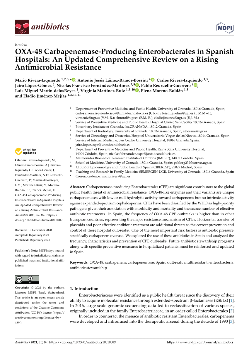 Pdf Oxa 48 Carbapenemase Producing Enterobacterales In Spanish Hospitals An Updated Comprehensive Review On A Rising Antimicrobial Resistance