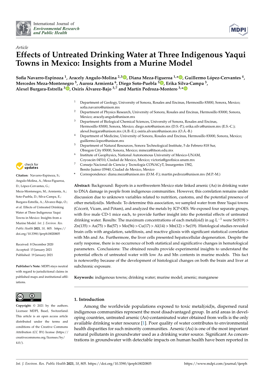 Pdf Effects Of Untreated Drinking Water At Three Indigenous Yaqui Towns In Mexico Insights From A Murine Model