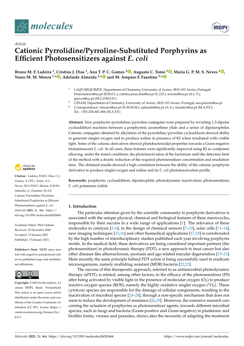 Pdf Cationic Pyrrolidine Pyrroline Substituted Porphyrins As Efficient Photosensitizers Against E Coli