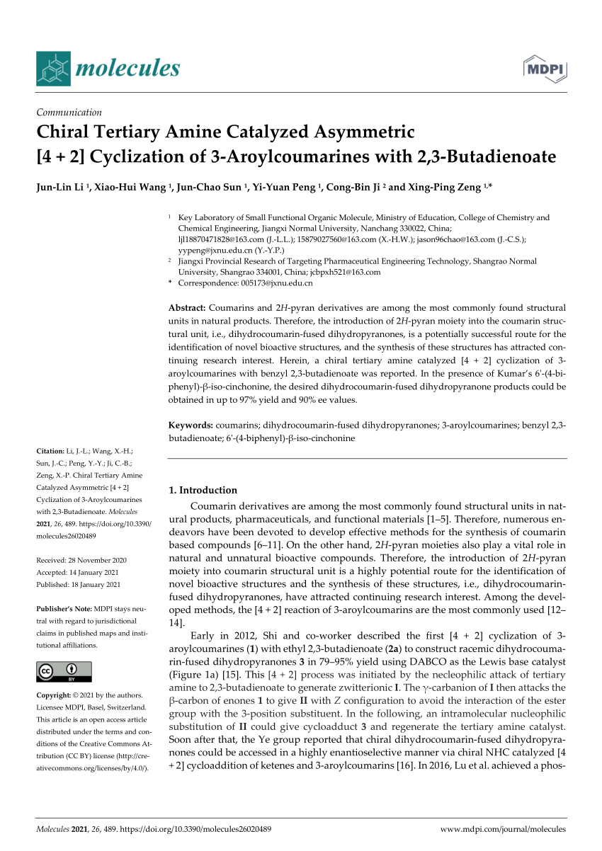 Pdf Chiral Tertiary Amine Catalyzed Asymmetric 4 2 Cyclization Of 3 Aroylcoumarines With 2 3 Butadienoate