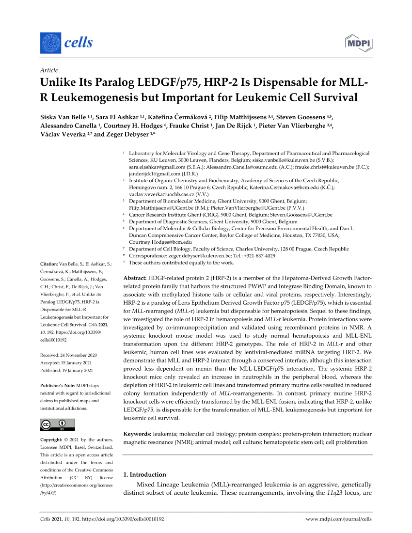 Pdf Unlike Its Paralog Ledgf P75 Hrp 2 Is Dispensable For Mll R Leukemogenesis But Important For Leukemic Cell Survival