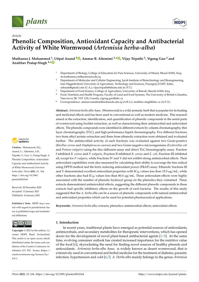 Pdf Phenolic Composition Antioxidant Capacity And Antibacterial Activity Of White Wormwood Artemisia Herba Alba