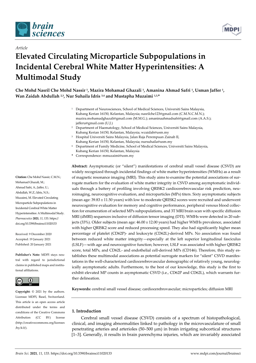 Pdf Elevated Circulating Microparticle Subpopulations In Incidental Cerebral White Matter Hyperintensities A Multimodal Study
