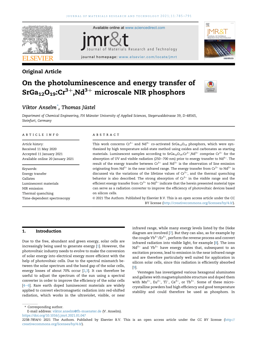 Pdf On The Photoluminescence And Energy Transfer Of Srga12o19 Cr3 Nd3 Microscale Nir Phosphors