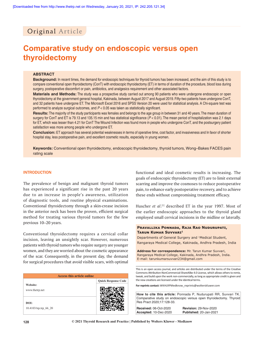 Pdf Comparative Study On Endoscopic Versus Open Thyroidectomy