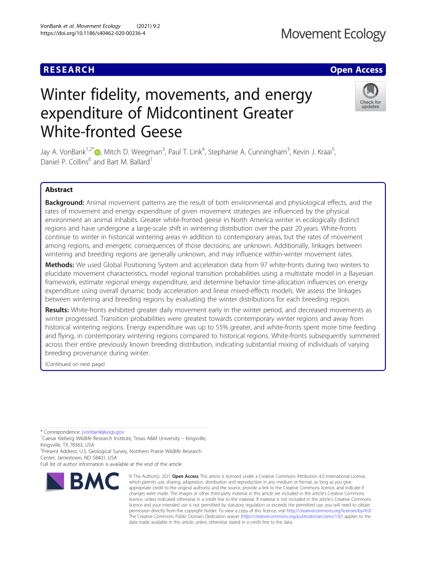 Pdf Winter Fidelity Movements And Energy Expenditure Of Midcontinent Greater White Fronted Geese