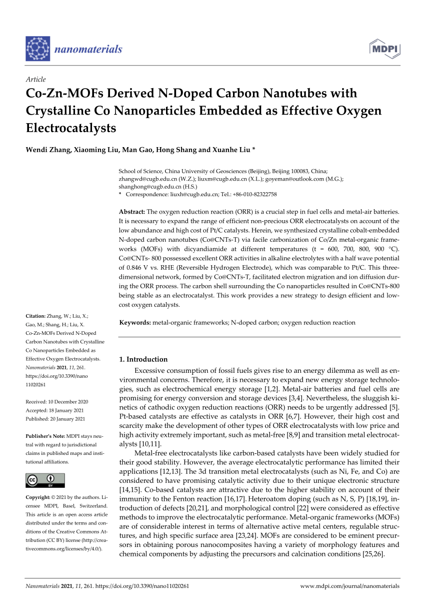 Pdf Co Zn Mofs Derived N Doped Carbon Nanotubes With Crystalline Co Nanoparticles Embedded As Effective Oxygen Electrocatalysts