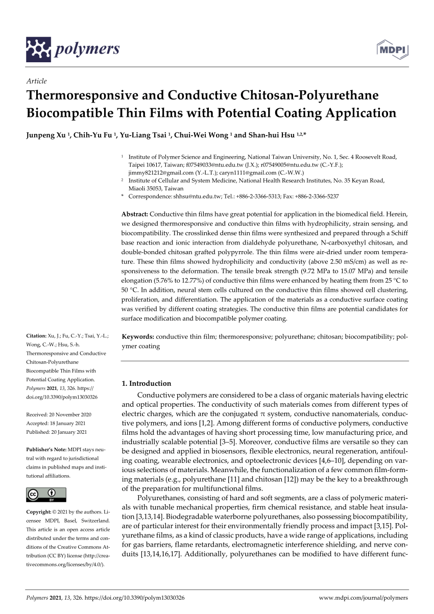 Pdf Thermoresponsive And Conductive Chitosan Polyurethane Biocompatible Thin Films With Potential Coating Application