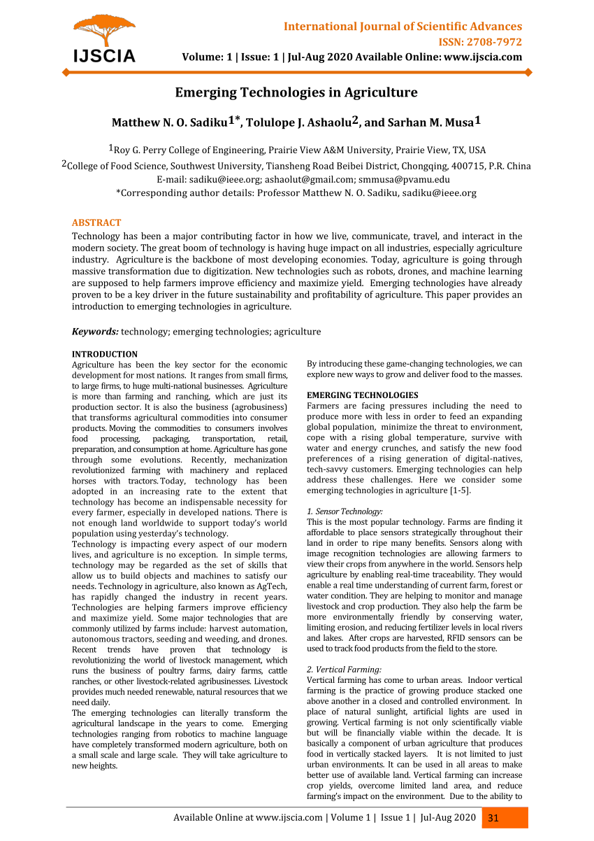 Pdf Emerging Technologies In Agriculture