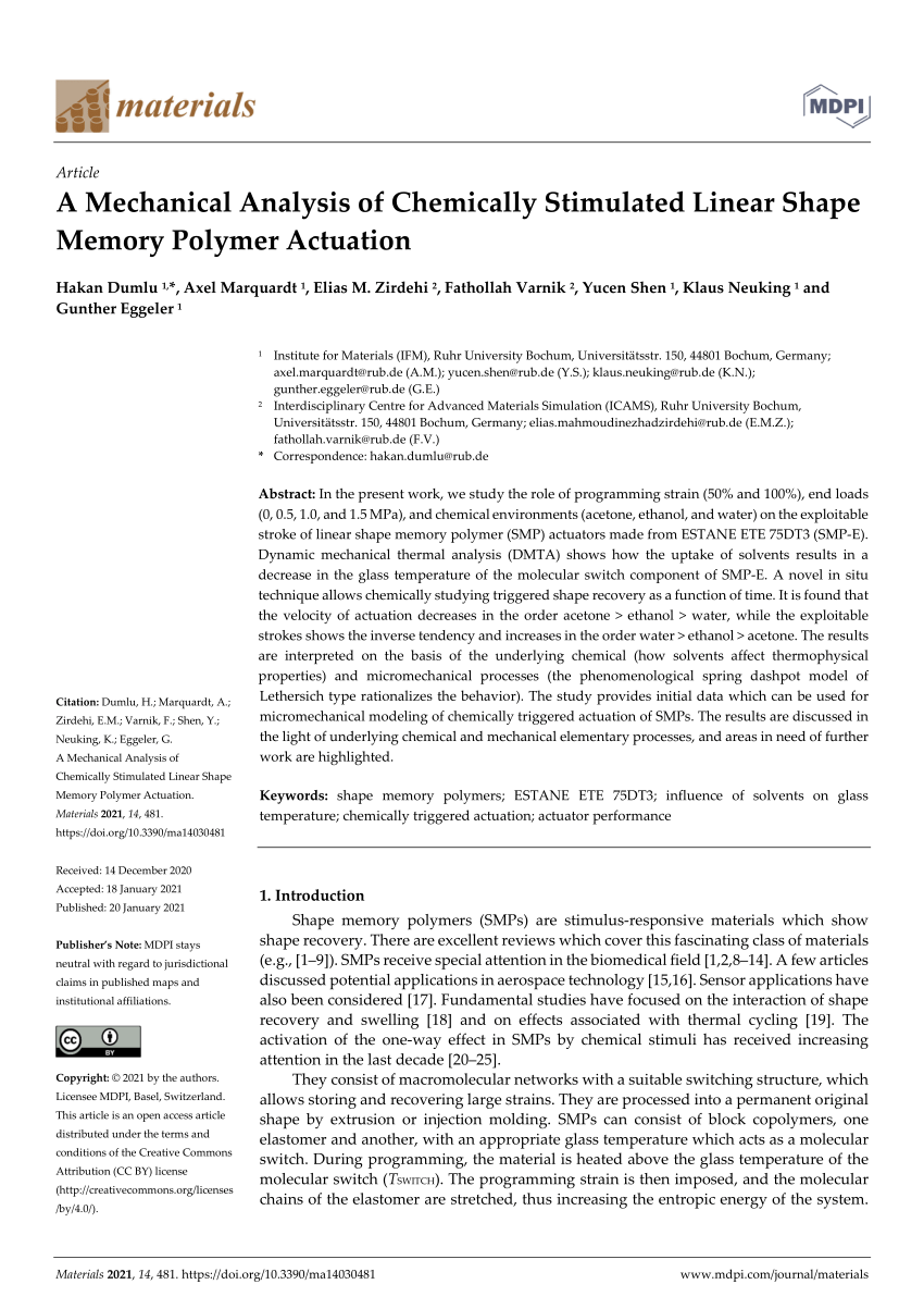 Review of chemo‐responsive shape change/memory polymers