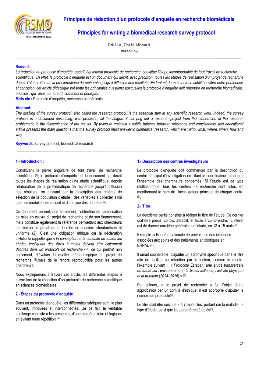 (PDF) Principes de rédaction d'un protocole d'enquête en recherche