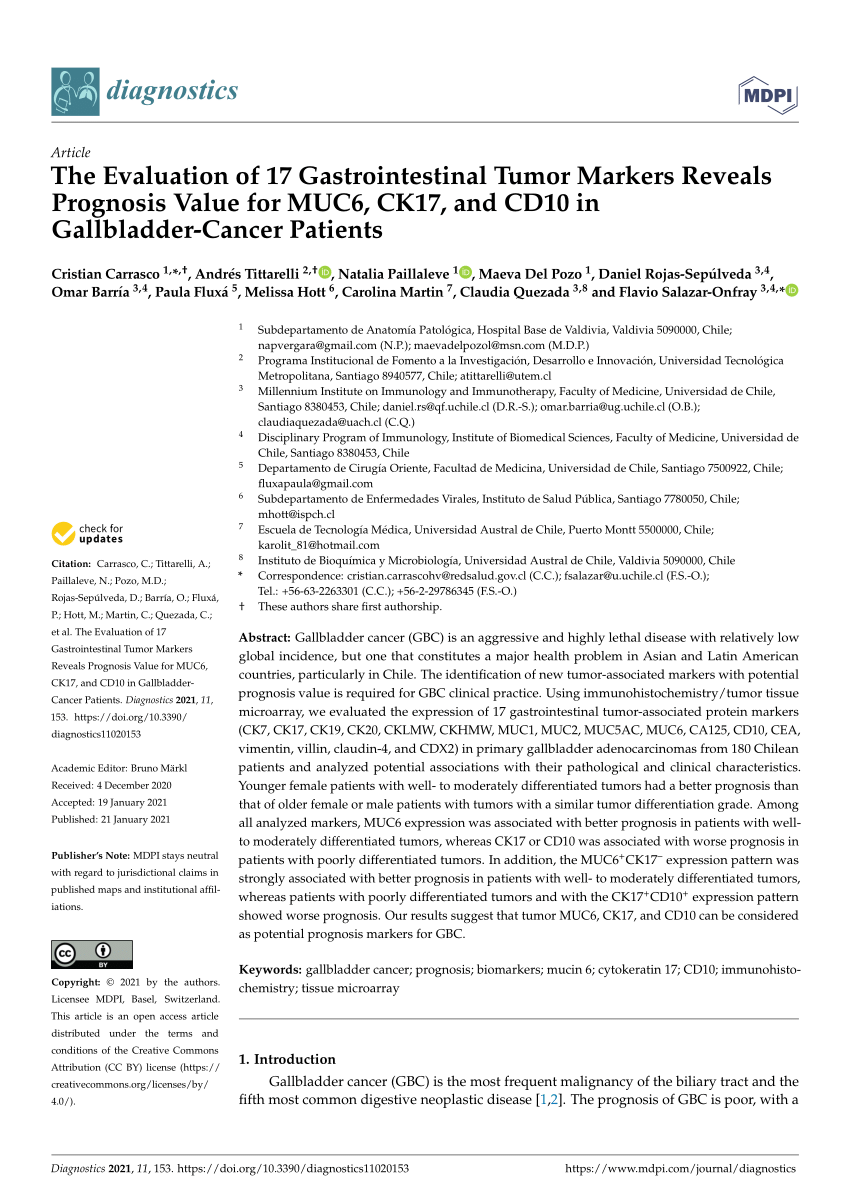 Pdf The Evaluation Of 17 Gastrointestinal Tumor Markers Reveals Prognosis Value For Muc6 Ck17 And Cd10 In Gallbladder Cancer Patients