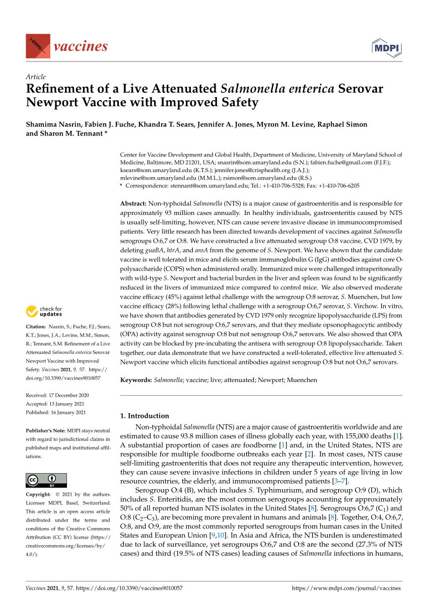 Pdf Refinement Of A Live Attenuated Salmonella Enterica Serovar Newport Vaccine With Improved Safety