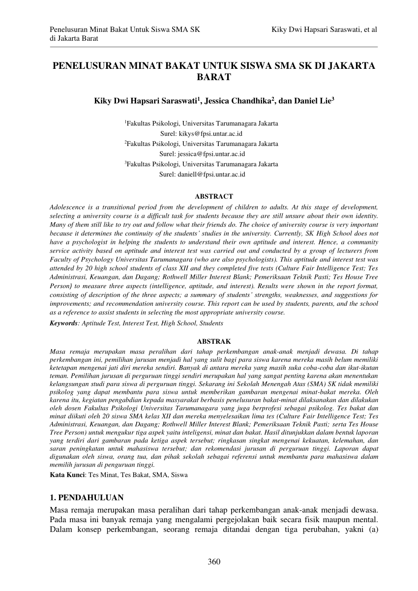 Pdf Penelusuran Minat Bakat Untuk Siswa Sma Sk Di Jakarta Barat 1986