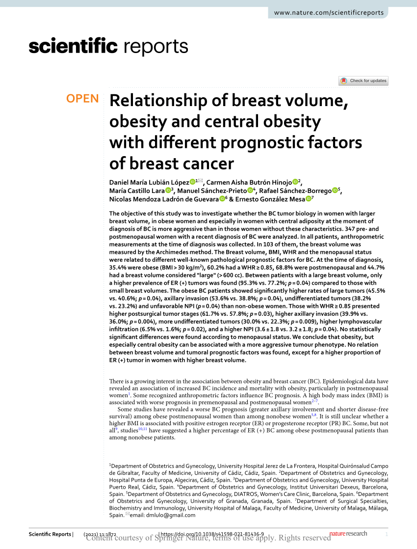 Bmi for large breasts Pdf Relationship Of Breast Volume Obesity And Central Obesity With Different Prognostic Factors Of Breast Cancer