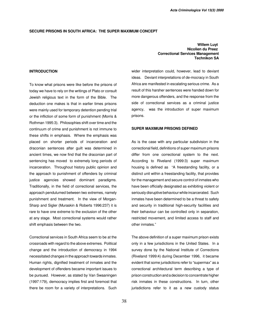 Pdf Secure Prisons In South Africa The Super Maximum Concept Willem Luyt Nicolien Du Preez Correctional Services Management Technikon Sa