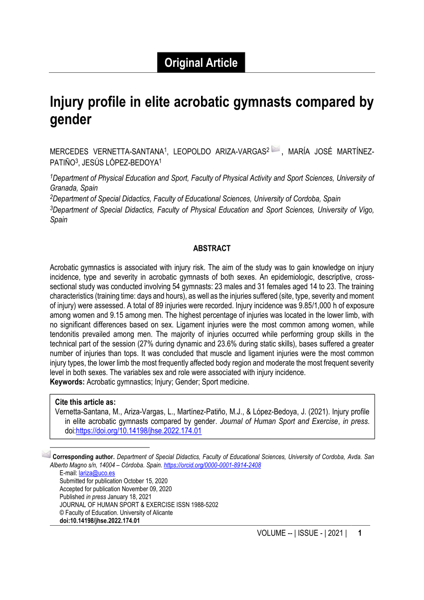 Pdf Injury Profile In Elite Acrobatic Gymnasts Compared By Gender