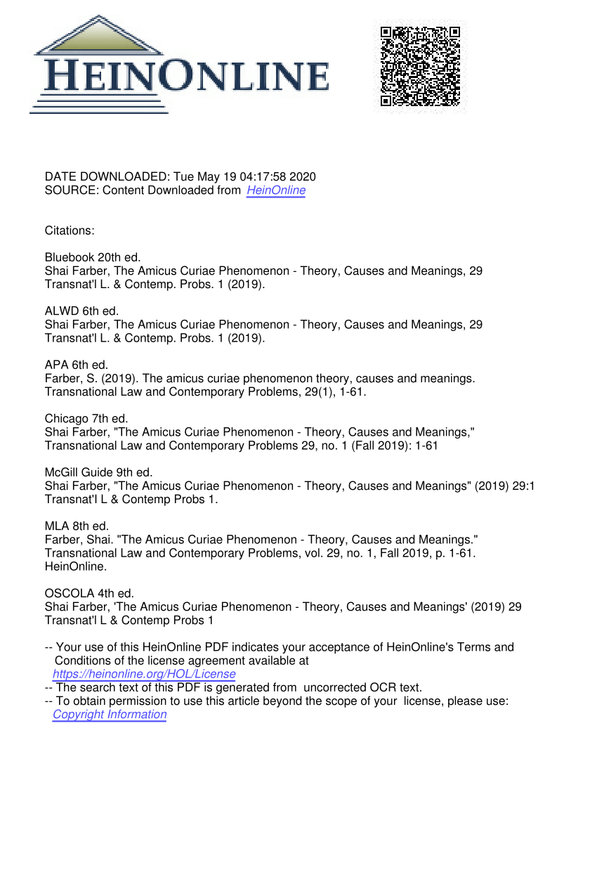 Pdf The Amicus Curiae Phenomenon Theory Causes And Meanings 29 Transnational Law Contemporary Problems 177 2019