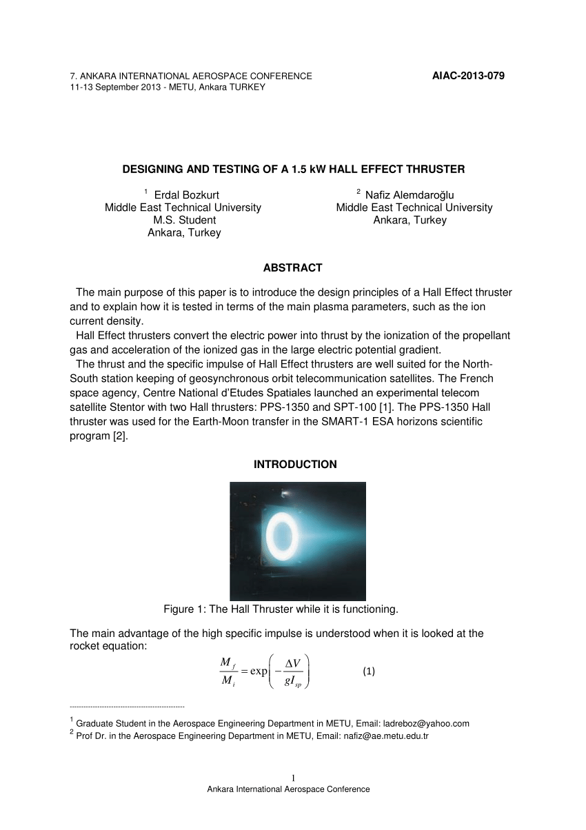 (PDF) DESIGNING AND TESTING OF A 1.5 kW HALL EFFECT THRUSTER