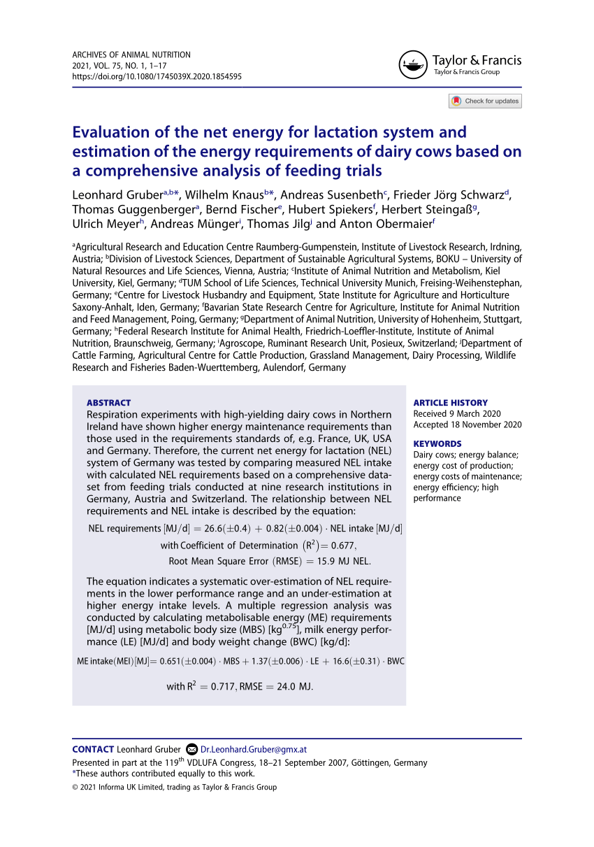 PDF) Evaluation of the net energy for lactation system and estimation of  the energy requirements of dairy cows based on a comprehensive analysis of  feeding trials