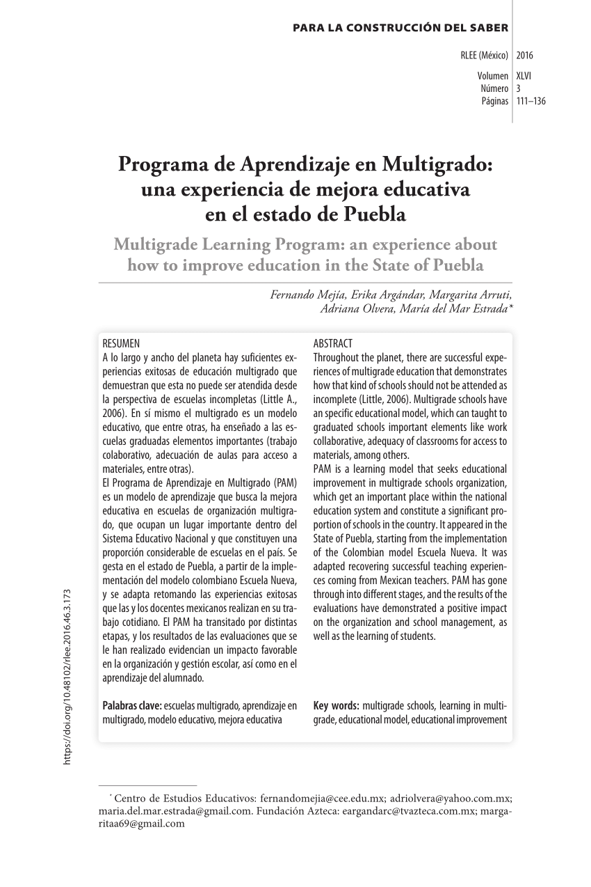 PDF) Programa de Aprendizaje en Multigrado: una experiencia de mejora  educativa en el estado de Puebla