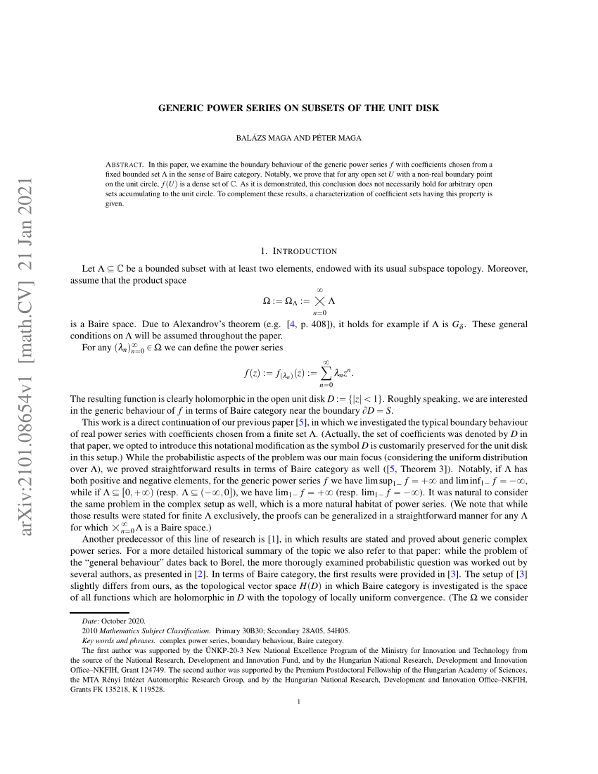 Pdf Generic Power Series On Subsets Of The Unit Disk