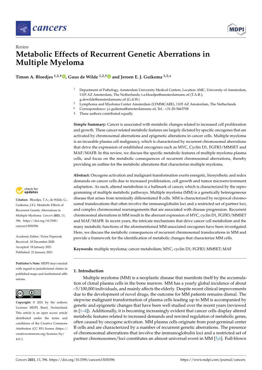 Pdf Metabolic Effects Of Recurrent Genetic Aberrations In Multiple Myeloma