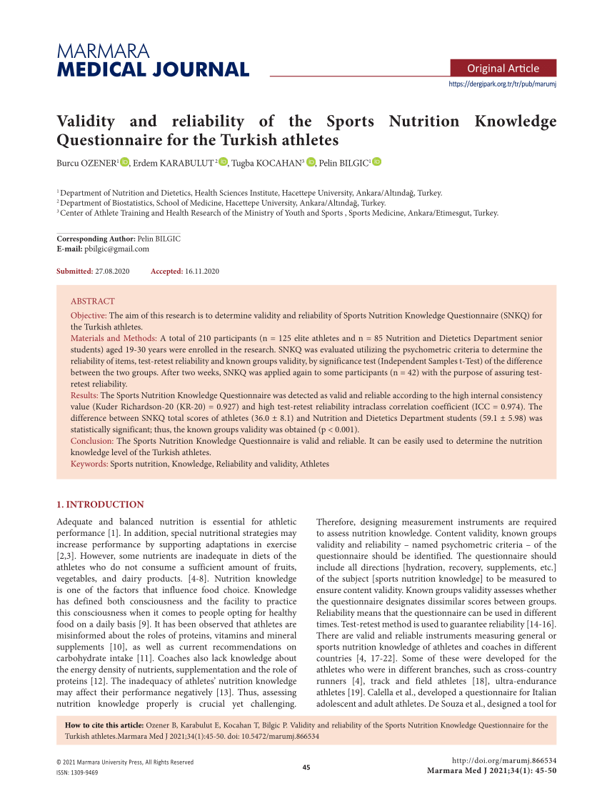 Pdf Validity And Reliability Of The Sports Nutrition Knowledge Questionnaire For The Turkish Athletes