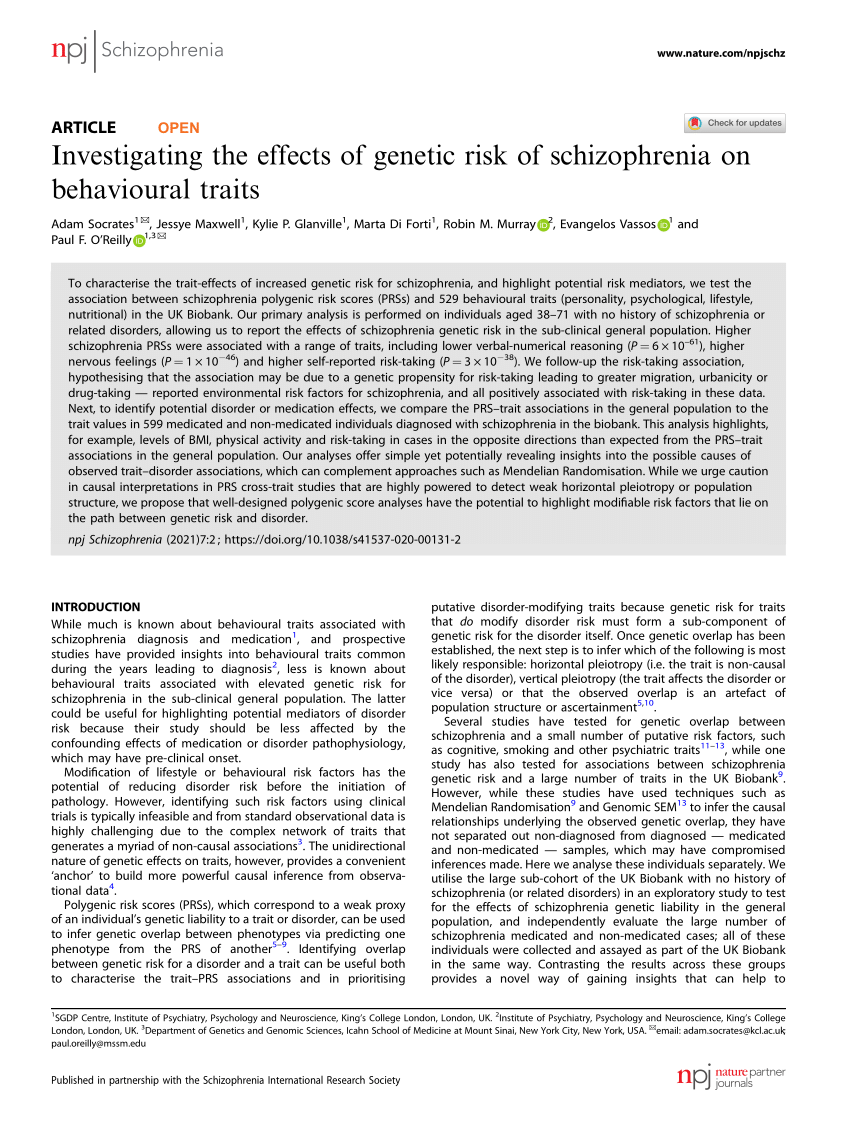 Pdf Investigating The Effects Of Genetic Risk Of Schizophrenia On Behavioural Traits 0820