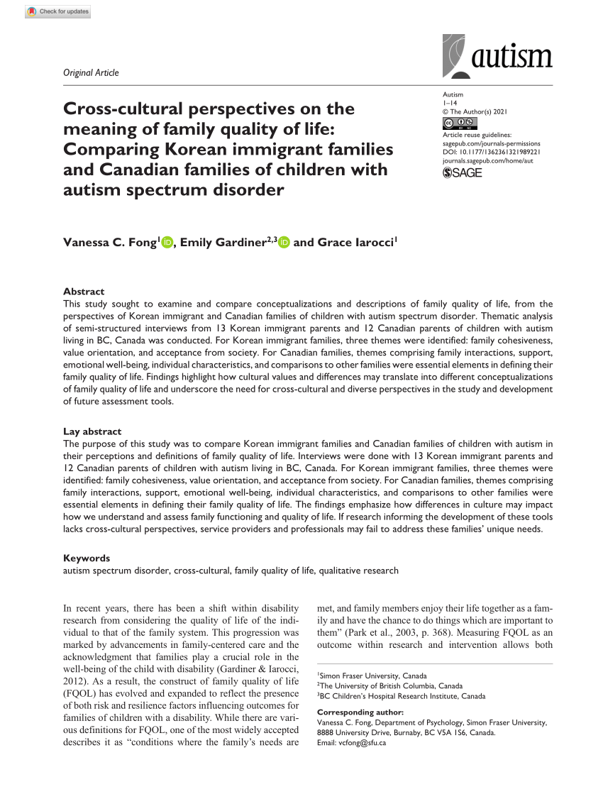 Pdf Cross Cultural Perspectives On The Meaning Of Family Quality Of Life Comparing Korean Immigrant Families And Canadian Families Of Children With Autism Spectrum Disorder