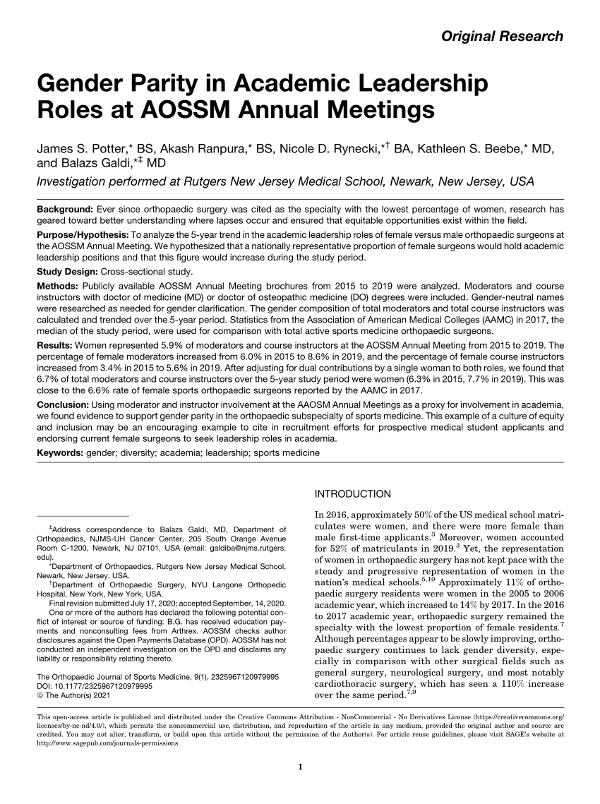 (PDF) Gender Parity in Academic Leadership Roles at AOSSM Annual Meetings