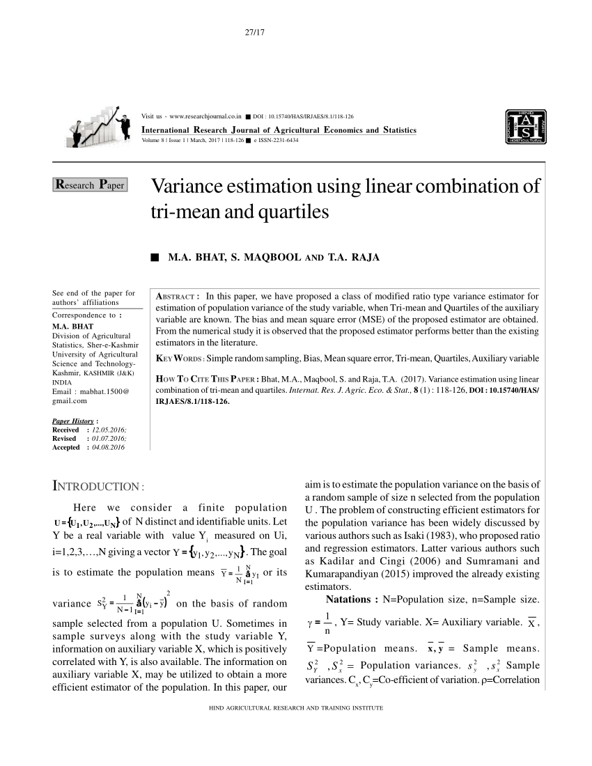 (PDF) Variance estimation using linear combination of trimean and