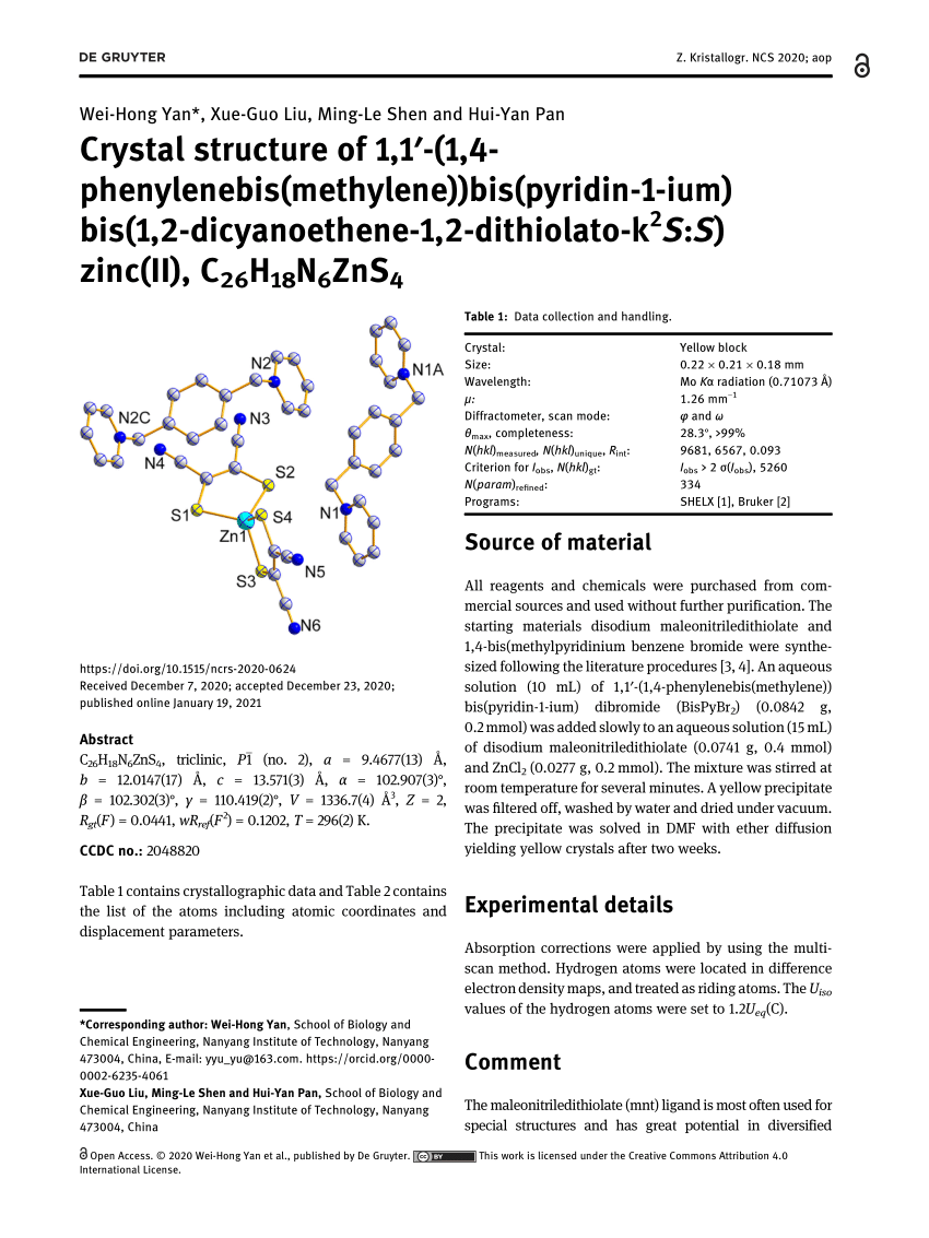 Pdf Crystal Structure Of 1 1 1 4 Phenylenebis Methylene Bis Pyridin 1 Ium Bis 1 2 Dicyanoethene 1 2 Dithiolato K2s S Zinc Ii C26h18n6zns4