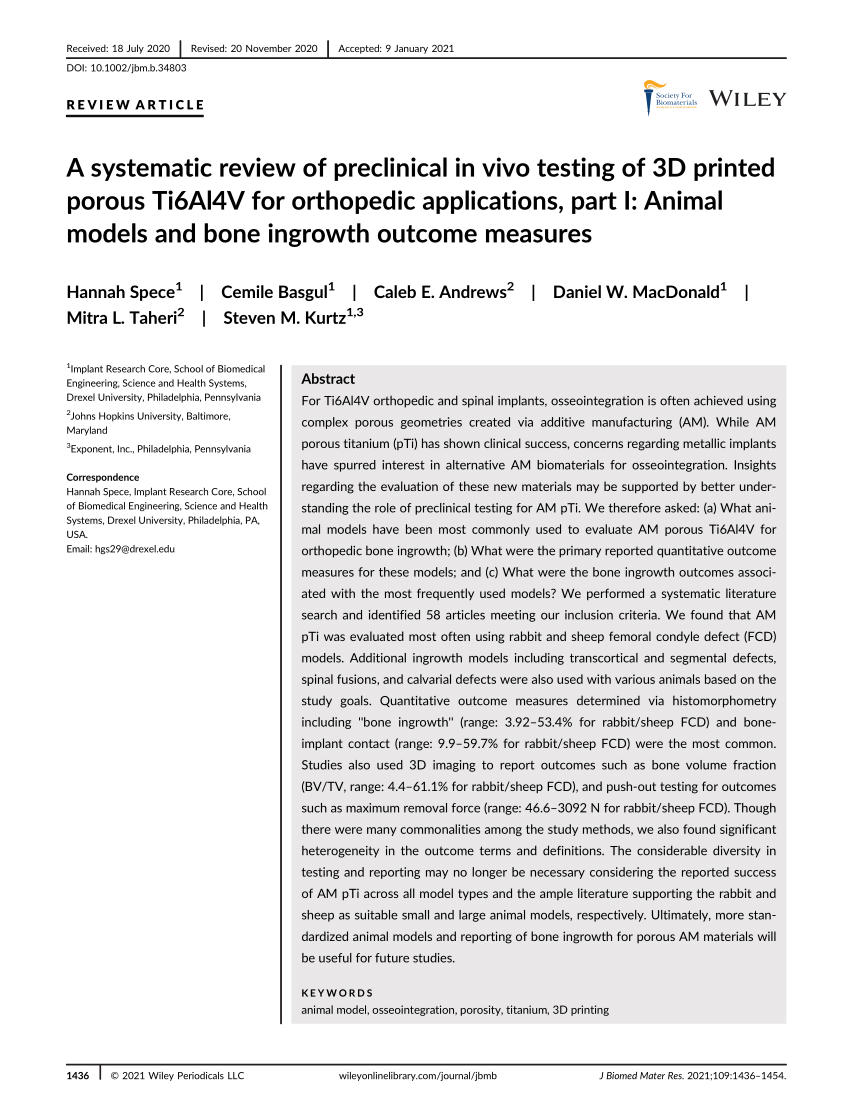 A systematic review of preclinical in vivo testing of 3D printed porous  Ti6Al4V for orthopedic applications, part I: Animal models and bone  ingrowth outcome measures | Request PDF