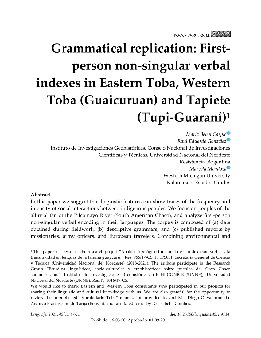 Pdf Grammatical Replication First Person Non Singular Verbal Indexes In Eastern Toba Western Toba Guaicuruan And Tapiete Tupi Guarani 1