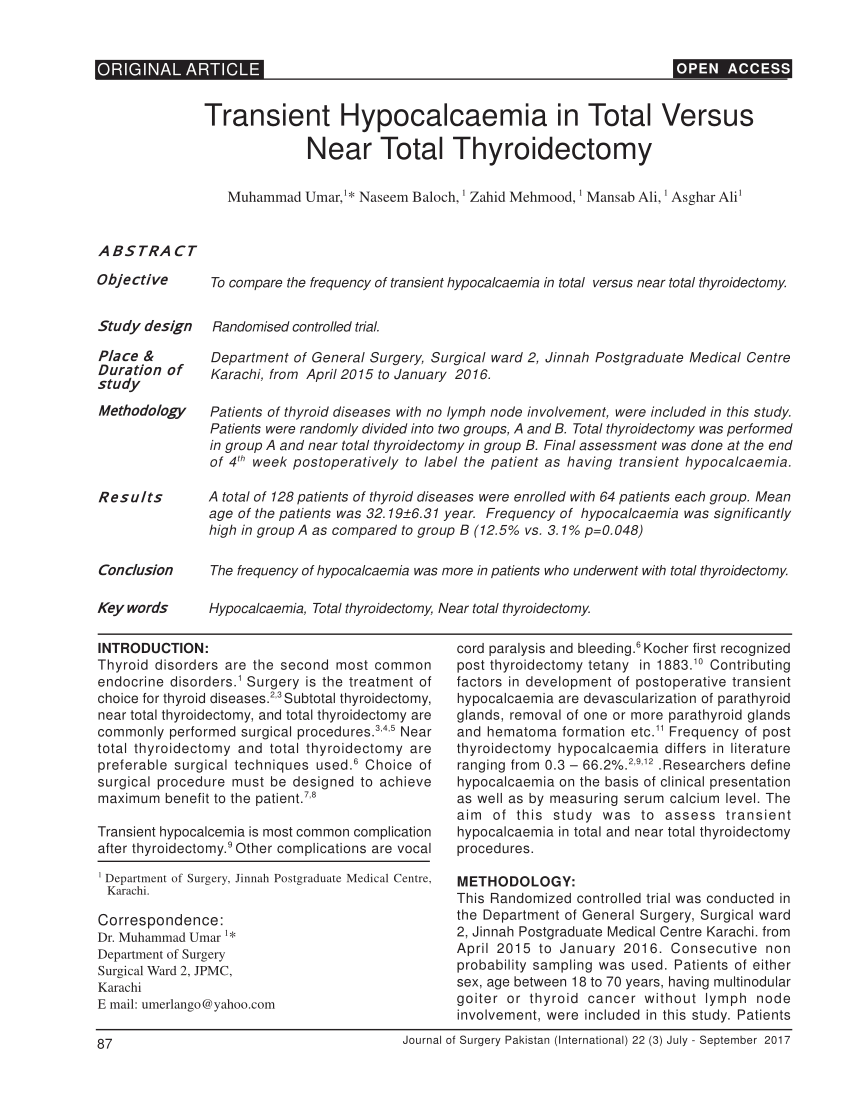 Pdf Transient Hypocalcaemia In Total Versus Near Total Thyroidectomy