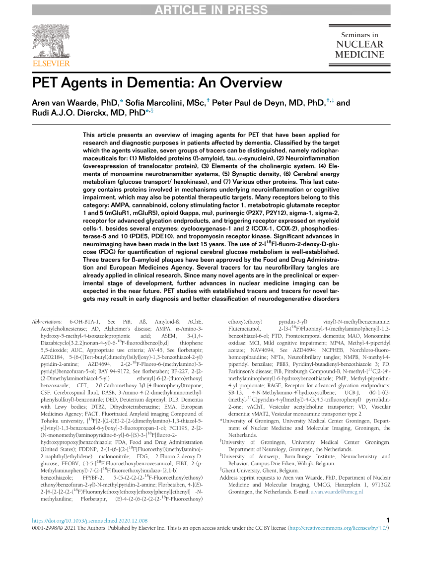 PDF) PET Agents in Dementia: An Overview