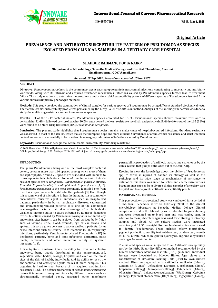 Pdf Prevalence And Antibiotic Susceptibility Pattern Of Pseudomonas Species Isolated From 